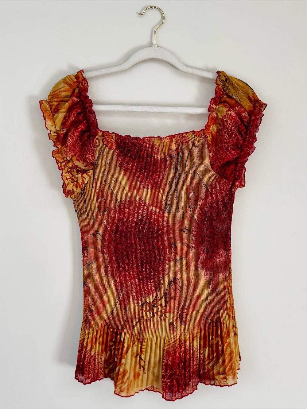 Vintage Y2K Jaipur Crinkle Pleated Ruffle Cap Sleeve Top, Rust Gold Floral – XL